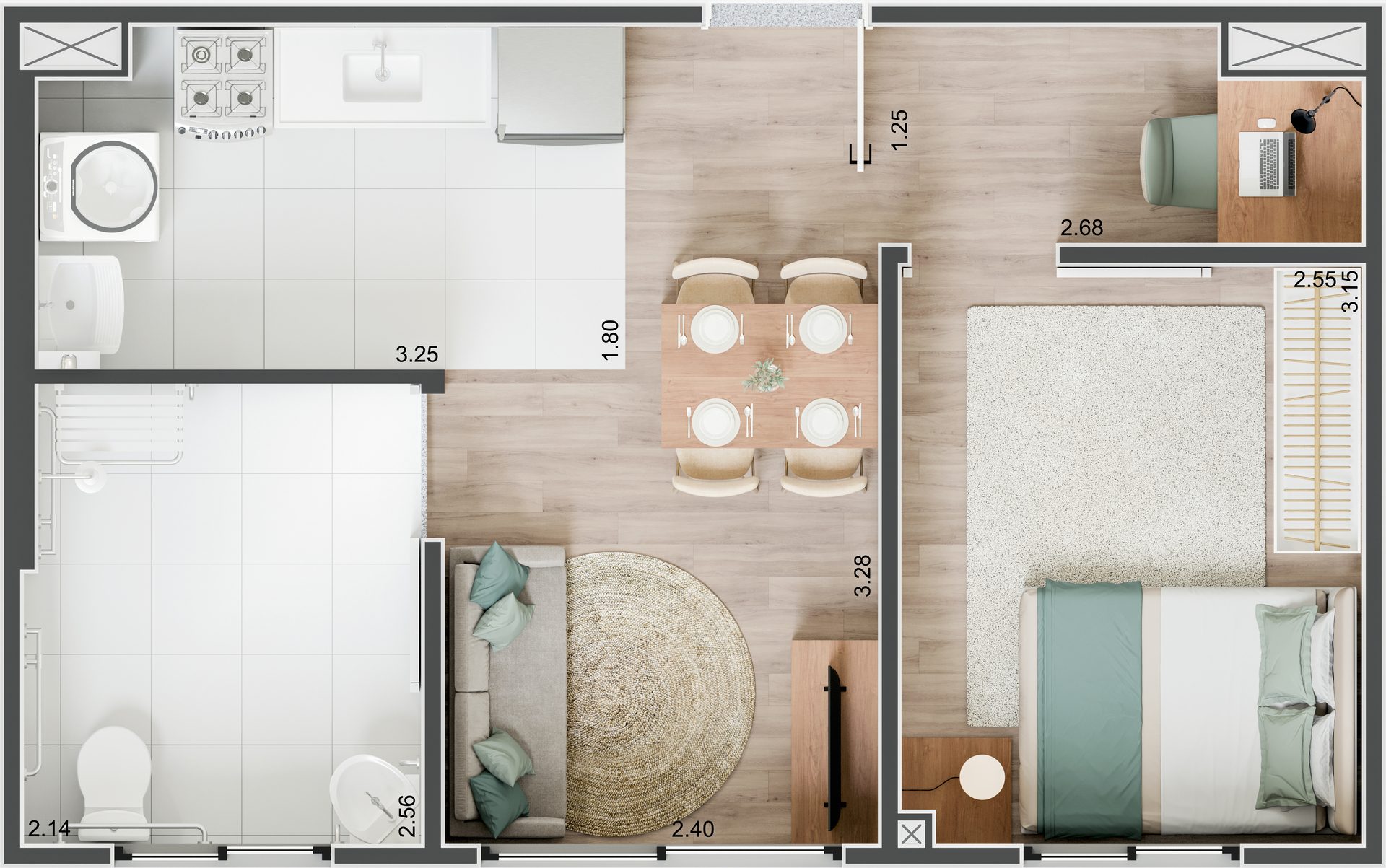 Planta HM Smart Marquês, 1 dormitório, unidade PCD, 36m²