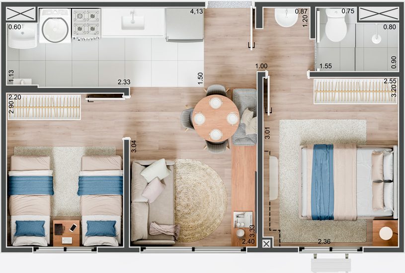 Planta apartamento de 2 dormitórios, 36,15m²