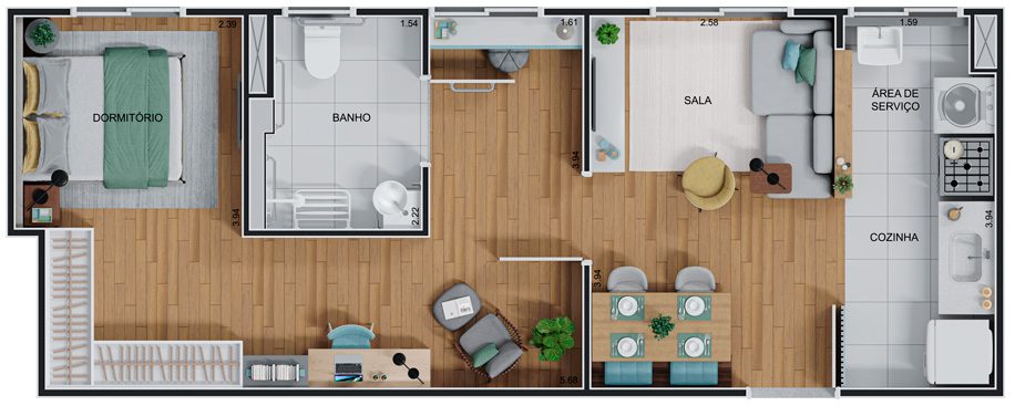 Planta apartamento de 1 dormitório PCD, 43,31m²