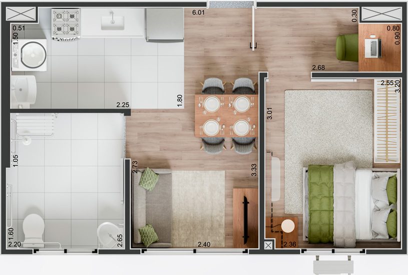 Planta apartamento de 1 dormitório PCD, 36,15m²