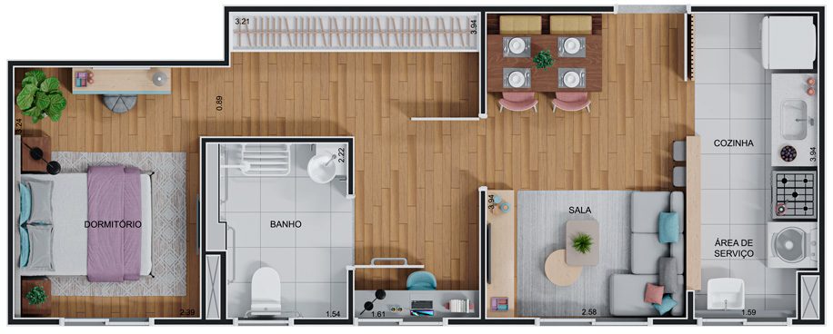 Planta apartamento de 1 dormitório PCD, 41,84m²