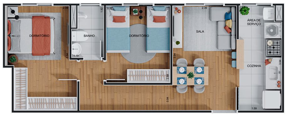Planta apartamento de 2 dormitórios, 43,31m²