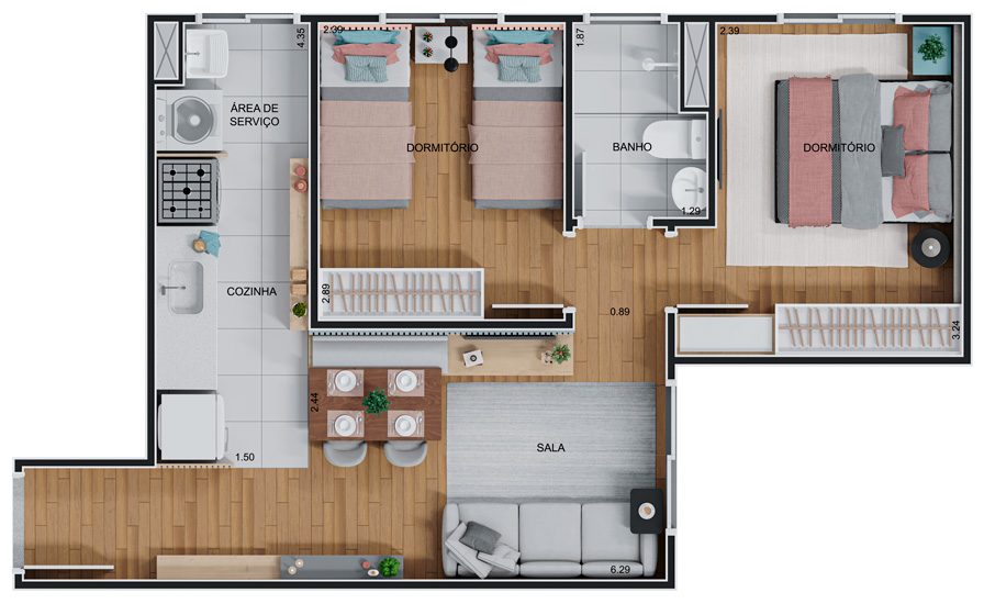 Planta apartamento de 2 dormitórios, 41,84m²